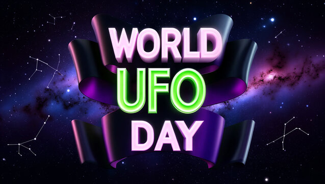 Vibrant cosmic world ufo day celebration with glowing text and space galaxy background perfect for scifi events