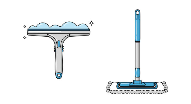 Flat illustration of essential window and floor cleaning tools featuring a professional squeegee with soapy foam and a modern microfiber mop.