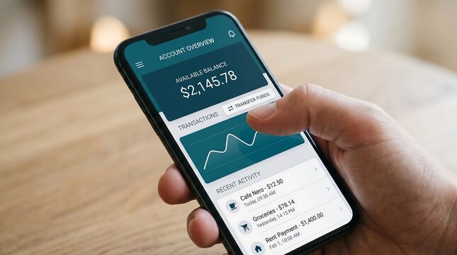 Person checking bank account balance on mobile phone app