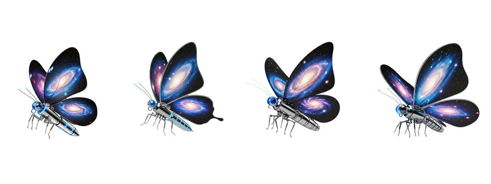 Four metallic robotic butterflies with galaxy wing patterns on black