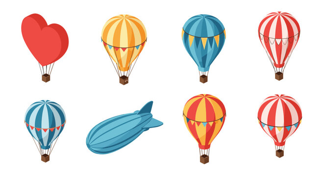 Collection of colorful isometric hot air balloons and a large blue blimp soaring through the sky with various striped and heart patterns.