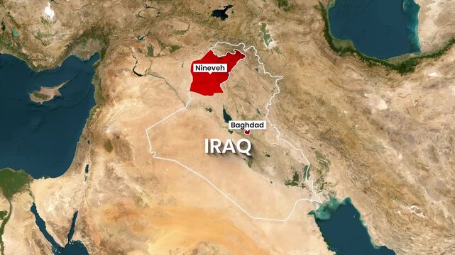 Animated map of Iraq highlighting Baghdad, Nineveh, and Basra provinces