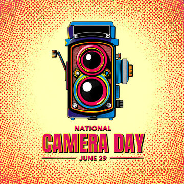 Vintage colorful twin lens reflex camera illustration for national camera day celebration event poster design