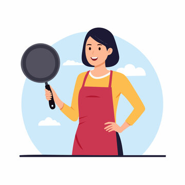 Woman in Apron Holding Frying Pan