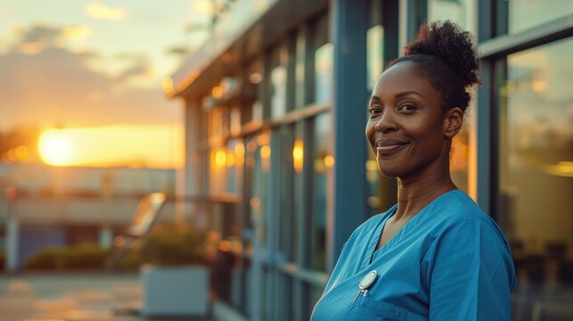 Female doctor or nurse standing outside near hospital building at sunset, professional healthcare worker after shift, medical career, dedication and wellness support concept.