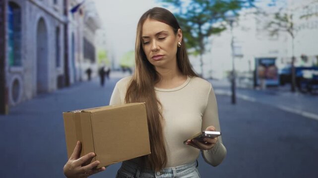 Woman holding cardboard box and checking smartphone with a concerned frown on a city street; frustration delivery problem.