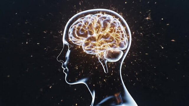 Digital illustration of a glowing brain inside transparent human head