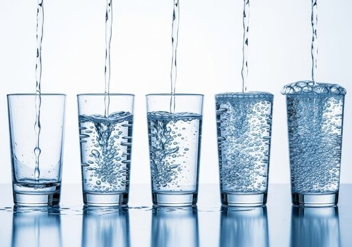 Sequence of Five Glasses Being Filled with Fresh Sparkling Water at Di