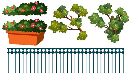 Fototapeta premium Vector City Garden Elements with Potted Flowers and Metal Fence
