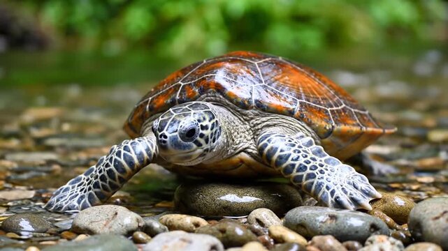 Green sea turtle crawling on rocky riverbed with lush green foliage background