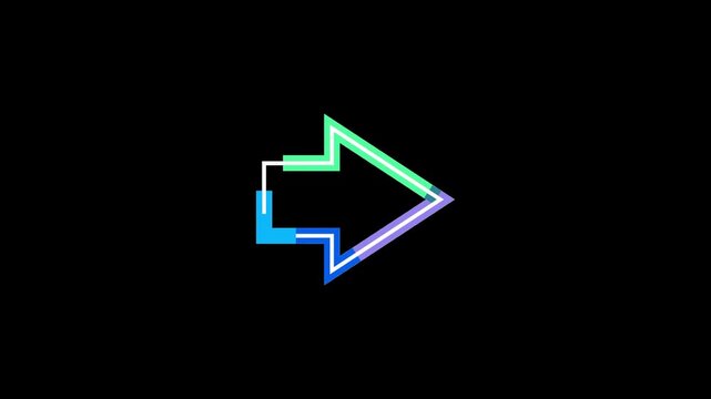 Abstract digital animation of three glowing arrows moving forward with a vibrant gradient of purple blue and green symbolizing progress direction and forward motion against a stark black background