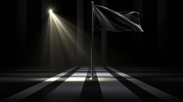 Goal achievement concept spotlight on plain black flag marker in dark stage with dramatic light and shadow