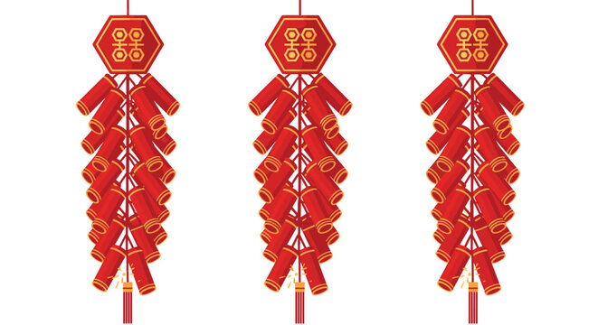 Three strings of traditional red Chinese firecrackers with golden patterns hanging for celebration of Lunar New Year.