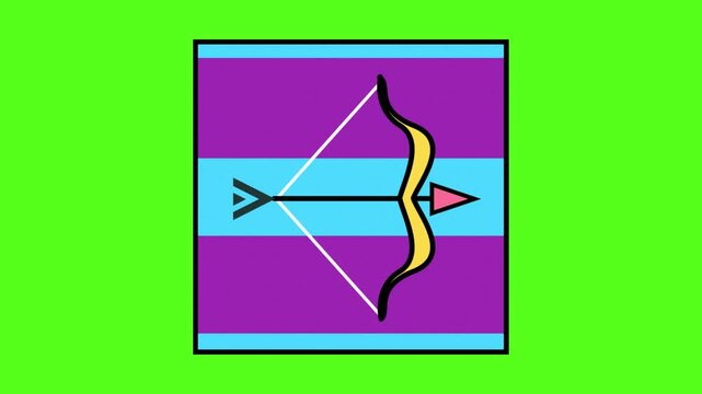 Animated sequence of a bow and arrow being drawn and released showing the projectile in motion against a vibrant purple blue and cyan striped background with a bright green backdrop symbolizing focus