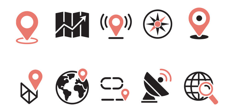GPS navigation location icon set, map pin compass route tracking and satellite positioning symbols, global travel direction vector illustration collection on transparent background.