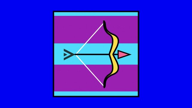 Dynamic animated graphic sequence showcasing a stylized yellow bow and arrow in motion transitioning through different stages of aiming and firing against a vibrant purple and cyan striped background