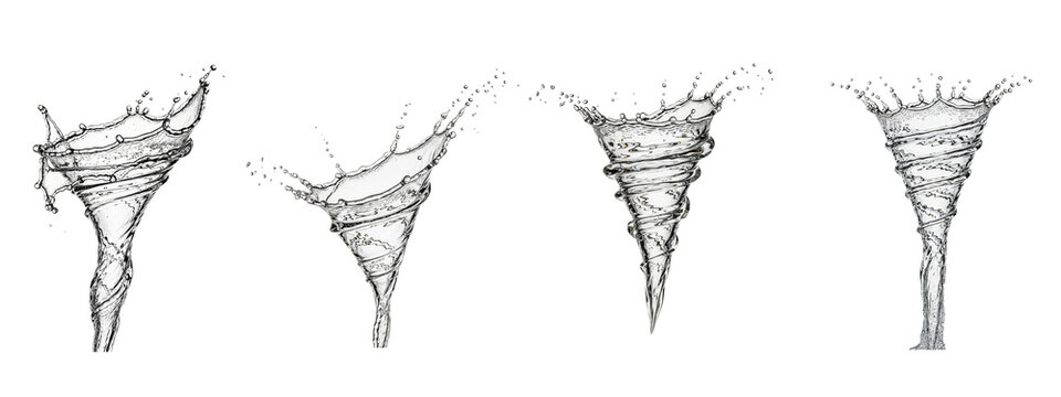 Four swirling water vortex splashes isolated on a black background