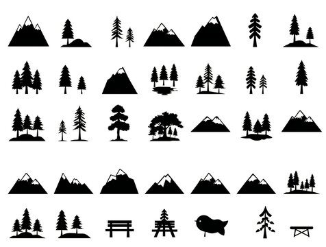 Collection of black silhouettes of mountains trees and nature elements