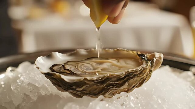Fresh raw oyster on ice being seasoned with a squeeze of lemon. Gourmet seafood appetizer served in a luxury restaurant. Culinary fine dining concept ideal for menu design and food marketing.