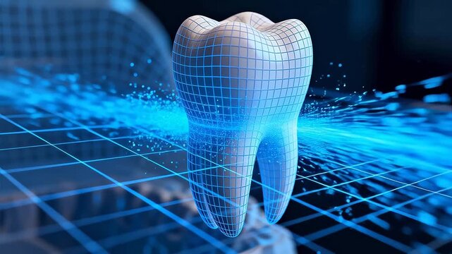 3D tooth model with blue grid on科技 background with water splash effects