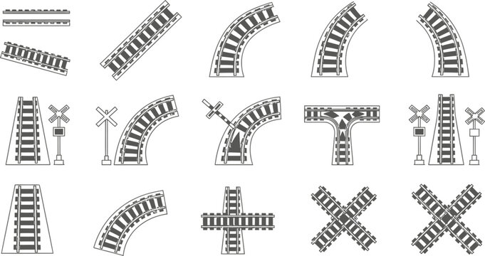 Train tracks and railway crossing vector icons set Vector