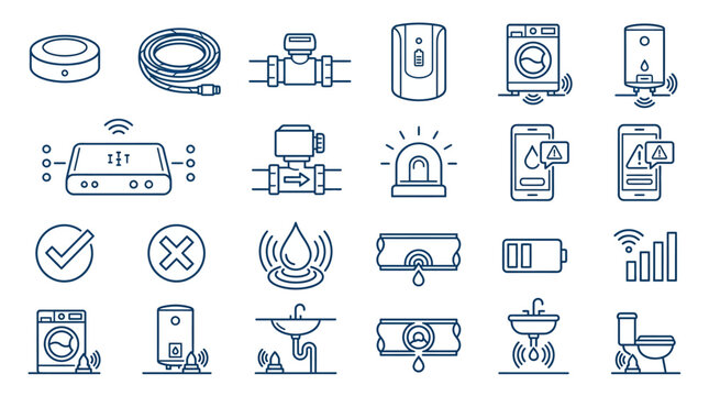 Smart Home Water Leak Detection and Appliance Control Line Icons Set for Monitoring on Isolated White Background