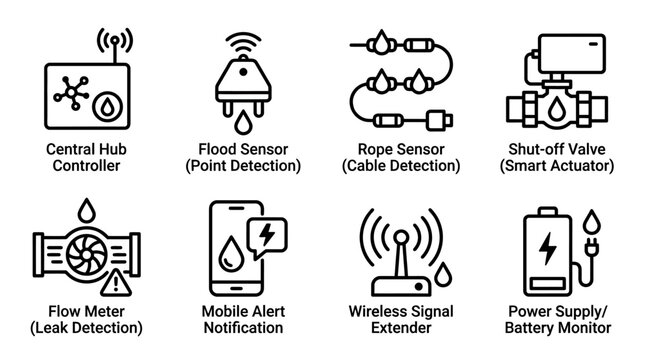 Smart Home Safety and Security System Line Icons Set with Sensors and Alerts on Isolated White Background