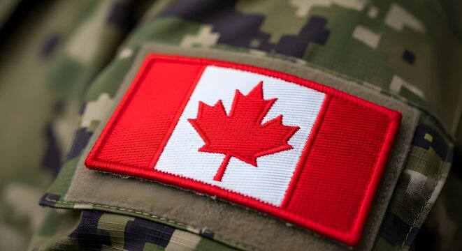 Canadian flag patch on military uniform sleeve