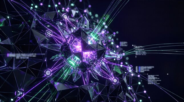 Innovative Three-Dimensional Neural Network Visualization Featuring Abstract Geometric Intelligence Core and Vibrant Multi-Color Light Filaments for High-End Corporate Technology Presentations