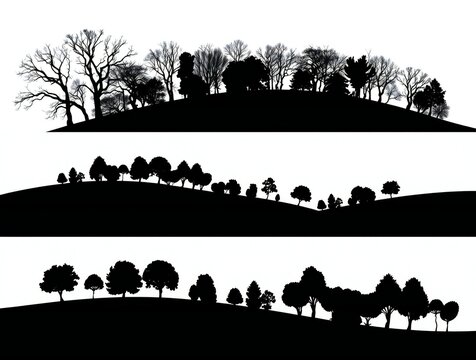 Silhouettes of rolling hills with trees in a landscape