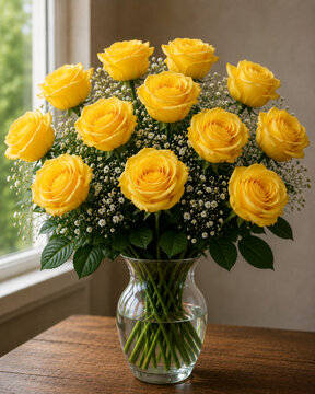A dozen yellow roses in a vase