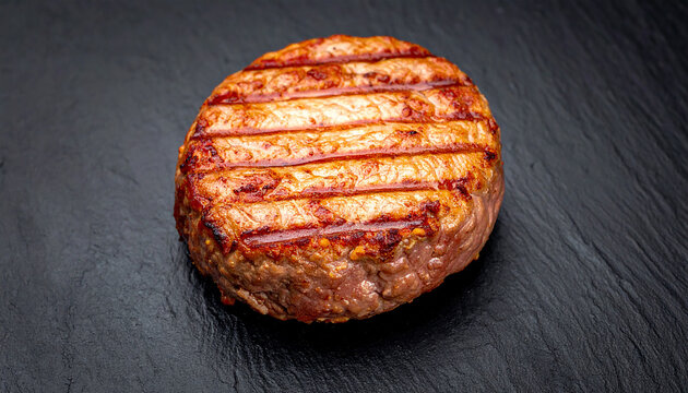 A single grilled beef burger patty with distinct grill marks rests on a dark slate surface, showcasing its juicy