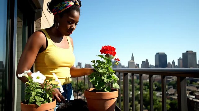 African American woman planting flowers on an urban balcony. Tending to potted geraniums with a city skyline background. Urban gardening concept for wellness and sustainable lifestyle ads.