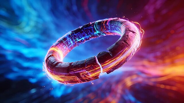 Broken ring chain object surrounded by neon glowing lines