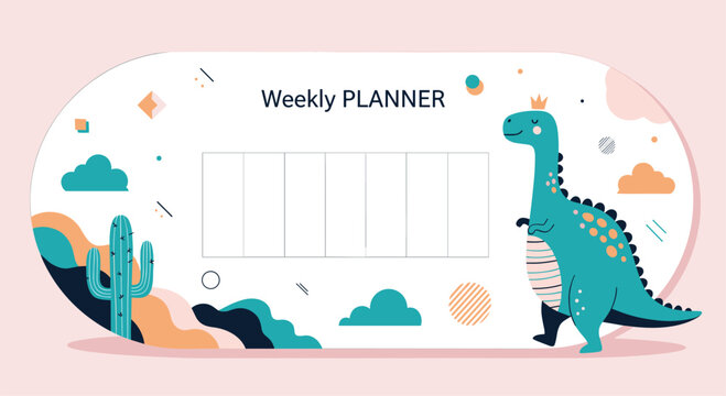 Adorable weekly planner layout for children features a friendly green dinosaur a potted cactus and colorful geometric shapes on a soft background.