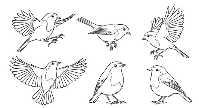 Hand-drawn robin bird collection in flying and sitting poses