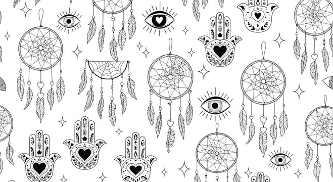 Black and white mystical seamless pattern displays a variety of spiritual symbols including dreamcatchers divine eyes and hamsa hands with hearts.