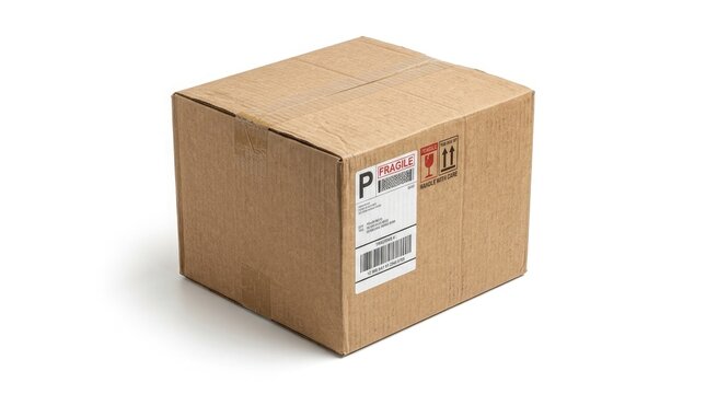 Brown corrugated cardboard shipping box with a fragile label and delivery information, ready for mail or courier service, isolated on a clean white background, ideal for logistics concepts