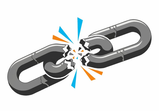 Broken metal chain link symbolizing weakness and failure.