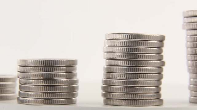 Short silver coin stacks increase in height from left to right as additional coins appear in sequence, presenting a minimal financial growth concept linked to savings and investment strategy.