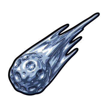 Glowing blue comet with cratered surface and tail in space