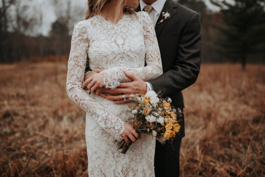 lose-up shot of the bride's hand holding her groom's arm, both dressed in wedding attire, standing in an open field surrounded by trees