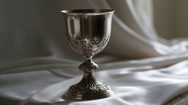 Elegant silver chalice on draped fabric.