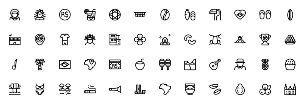Brazil icon set. Minimal thin line web icons set. Vector illustration. Featuring carnival, soccer, caipirinha, coffee, beach, toucan, Amazon and more.