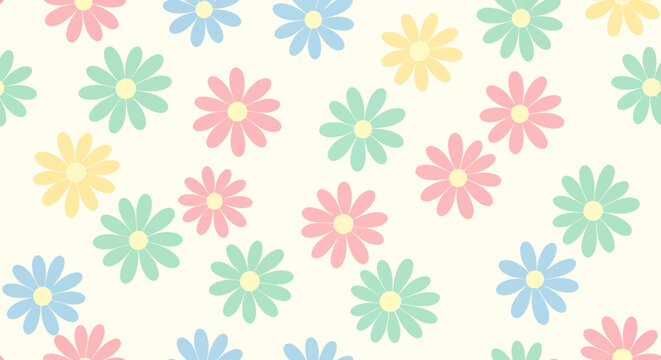 Seamless pattern of colorful hand drawn daisy flowers.