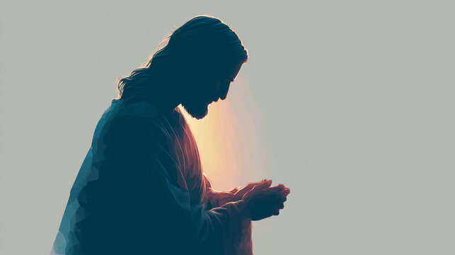 Close up of Jesus Christ face with scars and beard in prayer, dramatic portrait of worried male with wounded skin and folded hands