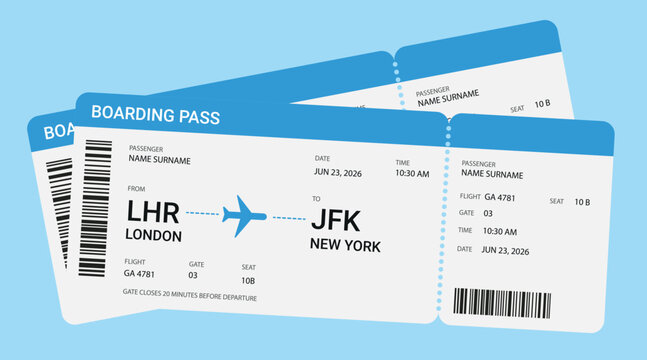 Blue Boarding Pass Template. Flat Vector Airline Ticket for travel, airline, booking, tourism, airport	
