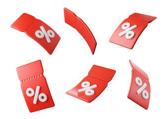 3D Flying red discount tags with percent signs, isolated on background. Template Blank voucher and Coupon ticket for promotion, sale, banners, online shopping. 3d render  © Hannet