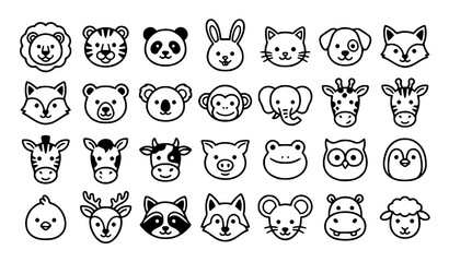 Monochrome flat animal face icon set with cute cartoon wildlife and pet avatars © Hazara