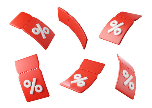 3D Flying red discount tags with percent signs, isolated on background. Template Blank voucher and Coupon ticket for promotion, sale, banners, online shopping. 3d render
